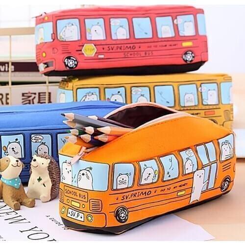 Kawaii Canvas Bus Pencil Case High Capacity Pen Bags Cute Bus Shape Pencil Bags For Children Gift School Supplies Stationery