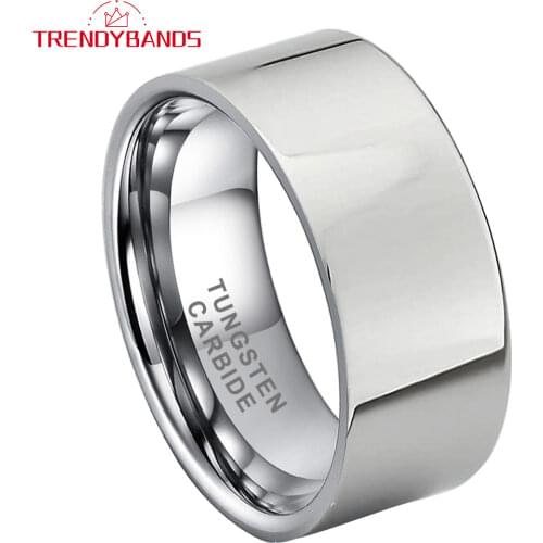 10MM Mens Wedding Band Tungsten Carbide Ring With High Polish Shiny Flat Band Comfort Fit
