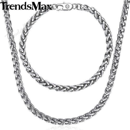 Trendsmax Braided Wheat Link Jewelry Set Necklace for Men Stainless Steel Chain Mens Bracelet Silver Color 3-10mm KKSM04