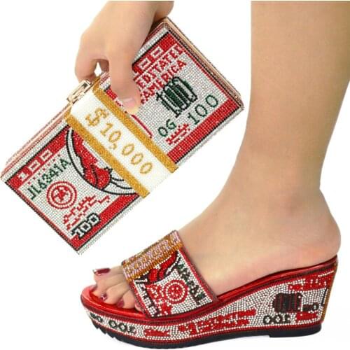 New Red Wedge High Heels African Sandal Shoes And Bag Set Pumps Slippers With Handbag Ladies Platform Purse CR191 Height 7.5Cm