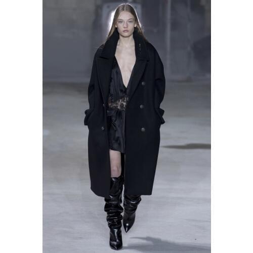 Solid Black Women Long Cashmere Coat England Style Womens Woolen Jacket Double Breasted Wide-waistCoat and Jacket Female winter