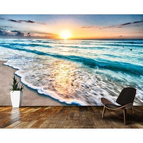 Papel de parede Sunset beach waves natural landscape 3d wallpaper mural,living room tv wall bedroom wall papers home decor