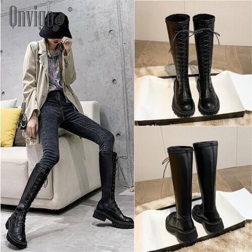 Qnvigo Knight Boots Lace-up Long Women Stretch Chunky Heel 2021 New Boots High Boots 32-43 Size Female Women Shoes Fashion