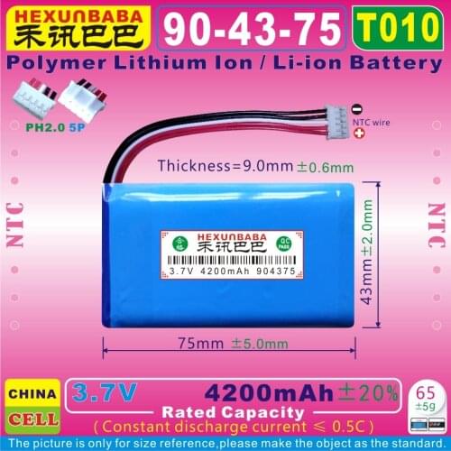 [T010] 3.7V 4200mAh [904375] PH2.0/5P;NTC;5 WIRE;Polymer Lithium Ion Battery For Harman Kardon Onyx Mini Speaker; P954374