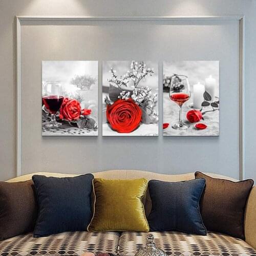Triptych Black And White Wine Diamond Painting Red Rose Flower Full Cross Stitch Diamond Mosaic 5d Picture Of Rhinestones WW247