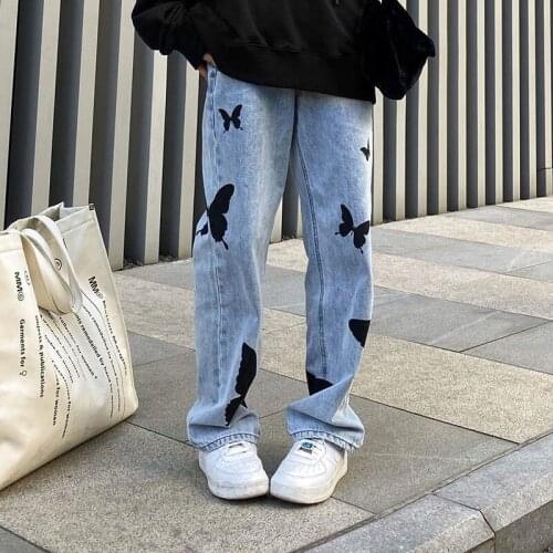 Vintage Jeans Women Streetwear Pants Butterfly Baggy Plus Size High Waist Straight Denim Trousers Casual Harajuku Pantalon Mujer