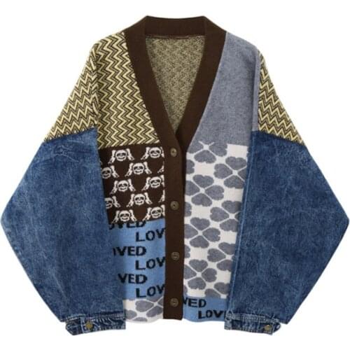 Vintage Knitted Cardigan Sweater Women Loose Patchwork Denim Long Sleeve Knitwear Casual Buttons V Neck Women Sweaters Autumn