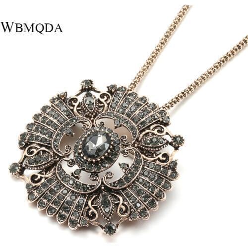 Wbmqda Unique Gray Crystal Flower Bridal Necklace For Women Antique Gold Luxury Beach Party Drop Necklace Vintage Jewelry
