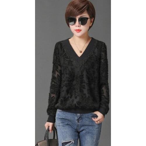 Womens Spring Autumn Style Chiffon Shirt Womens Embroidery V-neck Solid Color Long Sleeve Elegant Lace Tops DD8423