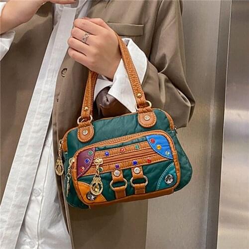 Womens handbag European and American trend soft water washing leather color matching Single Shoulder Bag Messenger Bag