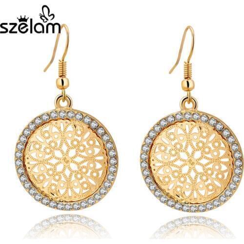 Szelam Vintage Austrian Crystal Flower Big Earrings For Women Fashion Gold Drop Earrings Wedding Jewelry Brincos SER150068