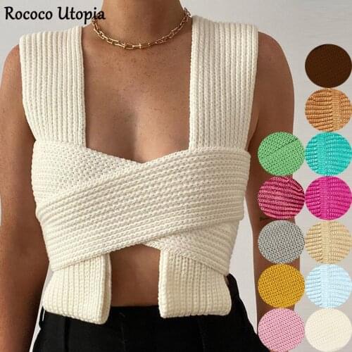 2021 Sleeveless Knitted Crop Sweater Sexy Spring Summer Bow Cross Strap Vest Women DIY Clothing Jumper for four seasons