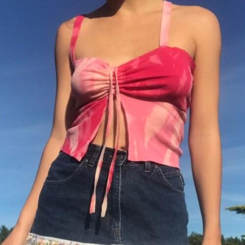Pink Patchwork Tie Dye Crop Camis Top Women Summer Casual Sleeveless Split Lace Up Sweats Tops Tees Y2K Aesthetic Streetwear