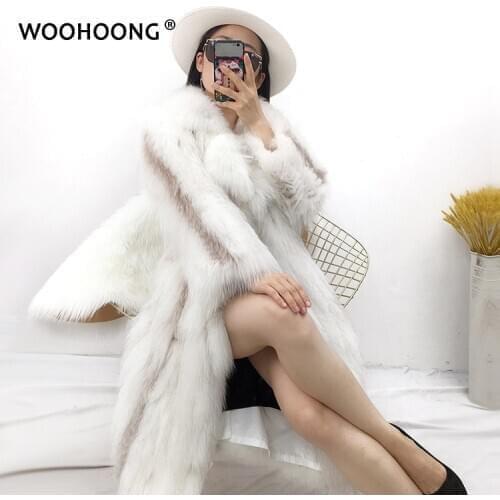 Winter New Women Real Fox Coat Natural Fox Fur Lady Striped Fox Fur Coat X-Long Knitted Parka Patchwork Fashion Korean