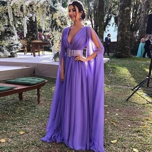 Elegant Chiffon Purple Formal Evening Dress Long Sleeves Floor Length Party Gown Deep V Neck Wide Sash Robe de Soiree 2020