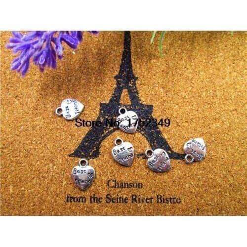 50pcs Heart charms, Tibetan silver heart " Best Friend" charm Pendants, Tear Drop, Jewelry Making 13x10mm