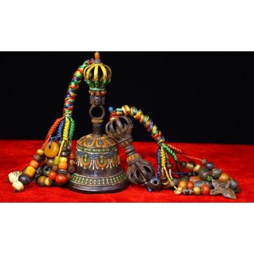 8"Tibet temple Old Bronze Tracing Rattle Three-sided Mahakala head Vajra set Bells Dharma Pendant Town House Exorcism