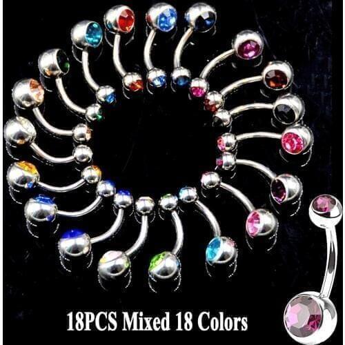 BOG-18pcs Mixed 18 Colors Surgical Steel Double CZ Crystal Belly Button Ring Zircon Navel Piercing Belly Stud Bar Body Jewelry