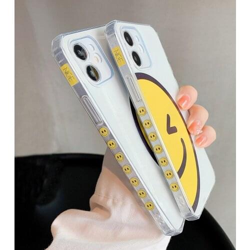 Side Pattern Yellow Smiley Square Phone Case For iPhone 11 12 Pro Max XR XS Max X 7 8 Plus Clear Shockproof Soft Couple Cover