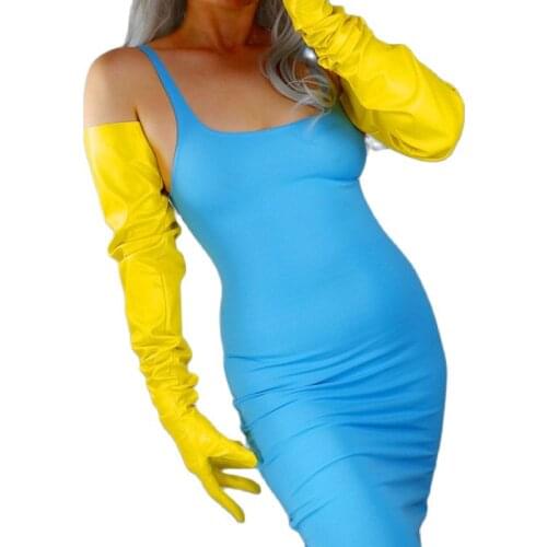 Extra Long Leather Gloves Female 35'' 90cm Faux Leather Emulation Sheepskin Banana Yellow Women Gloves Party Evening WPU332