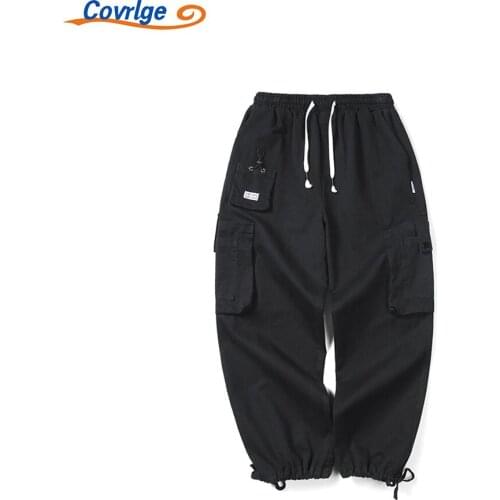 Covrlge Mens Overalls New Fashion Brand Multi-pocket Tied Feet Trend Loose Straight Leg Wide-leg Cropped Trousers MKX107