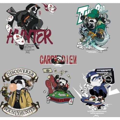 Cool Panda Sublimation Patch Cartoon Animal Japanese Anime Vinyl Sticker DIY Iron on Childrens Jacket Decoration Accessories