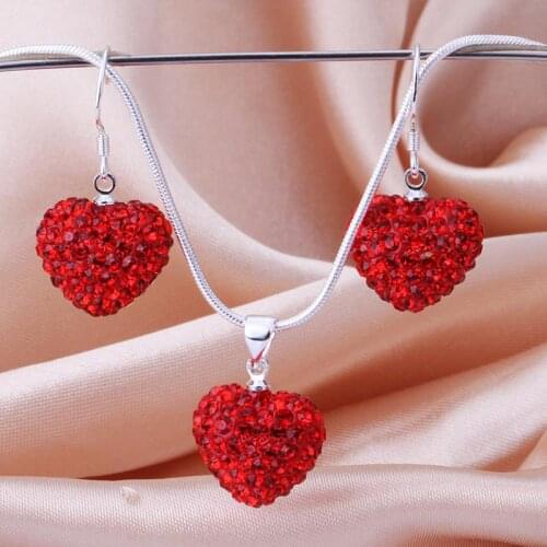 Big Heart Pendant Necklace Earrings Female Jewelry Sets for Silver Color Red Crystal Stone Bohemia Set Snake Chain Valentines