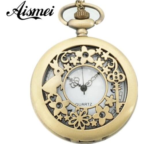 2018 New Bronze Rabbit Key Flower Hollow Quartz Pocket Watch Necklace Pendant Vintage Pocket Watch 5pcs/lot