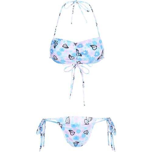 Summer Women Female Printed Lingerie Set Halter Lace-up Front Drawstring Bra Top with Briefs Butterfly Flower Exotic Sets