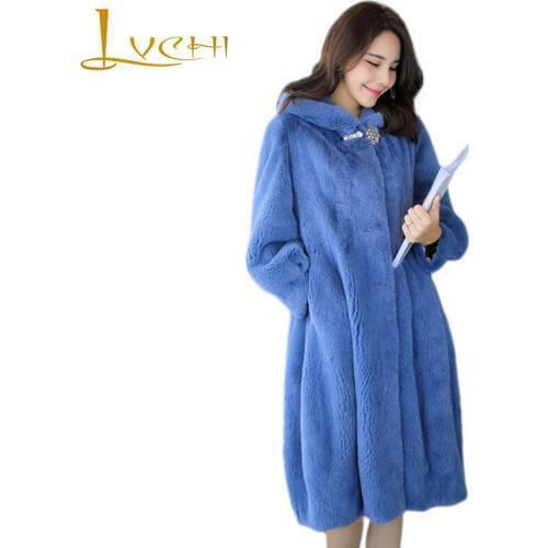 LVCHI Winter 2019 Import Swan Velvet Office Diamonds Real Mink Fur Coat Womens With Fur Hood X-Long Pocket Skirts Mink Coats