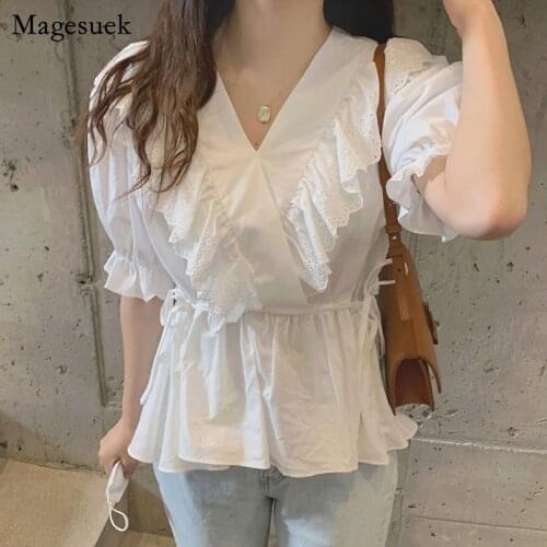 Summer Sweet V-neck Lace Blouse Women 2021 Short Butterfly Sleeve Ruffles Tops Blusas Slim Waist Chiffon Lace-up Clothing 13505