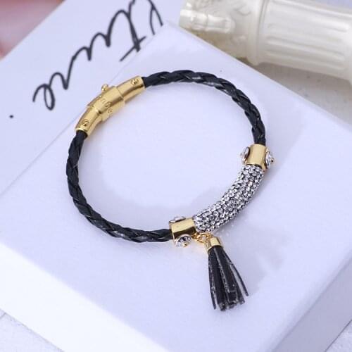 Fashion simple woven leather inlaid zircon couple bracelet