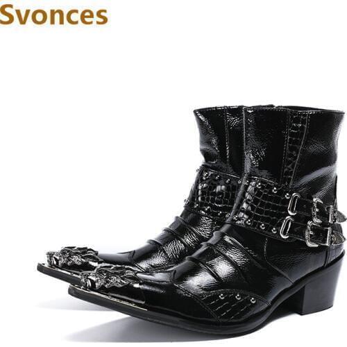 Genuine Leather Boots For Men Luxury Fashion Serpentine Buckle Zipper Design Mens Boots Heels Brand New Rivets Punk Botas Hombre