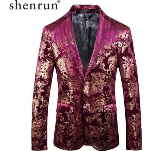Shenrun Men Blazer Fashion Casual Jackets Autumn Winter Floral Pattern Velvet Suit Jacket Wedding Groom Party Prom Stage Costume