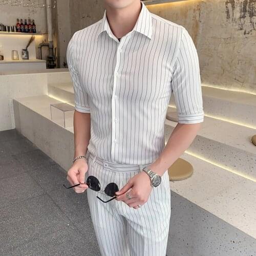 2 piece 2021 New Mens High Quality Spring and Summer Business Fashion Casual Sets Striped Sleeve Shirt + Striped Cropped Pants