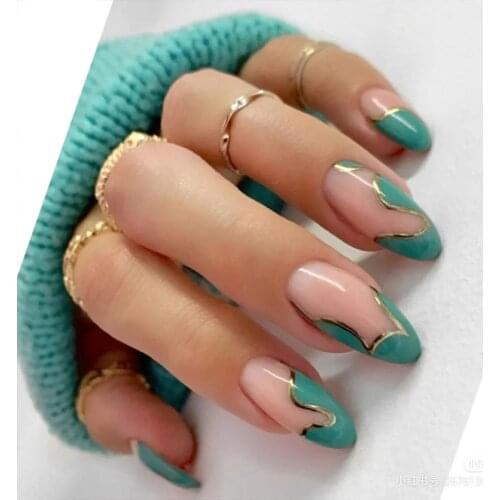 24Pcs/Box Green Almond False Nails Wearable Gold Line Design Fake Nails Full Cover Nail Tips Press On Nails Manicure Tool