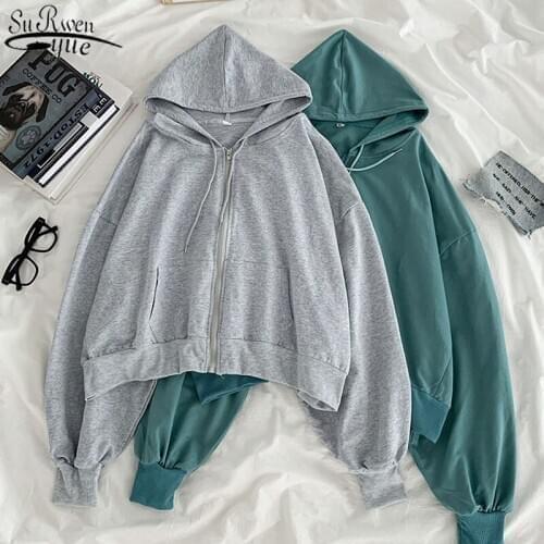 Autumn Korean Streetwear Cotton Long Sleeve Hoodies Women Loose Drawstring Sweatshirt for Women Hoodie with Zipper Jacket 11758