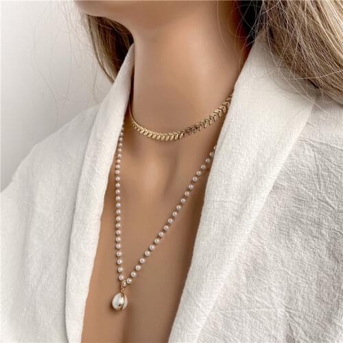 New Fashion Pearl Choker Necklace for Women Metal Double Layer Chains Pearl Pendant Necklace Female Jewelry Wedding Gifts