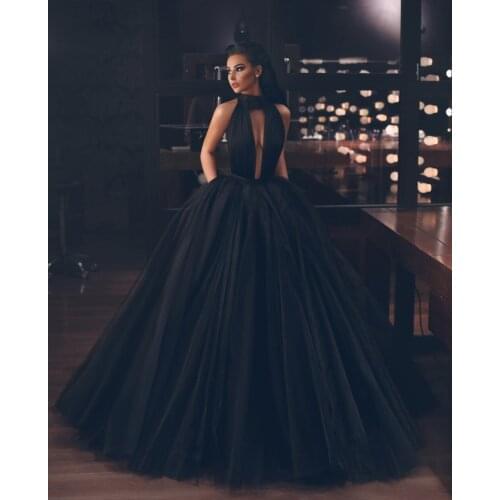 Sexy Black Halter A-line Prom Dresses Backless High Side Split Long Formal Dress With Pocket Prom Gowns 2021