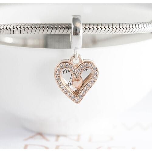 Authentic S925 Silver Dangle Charm Rose Gold Clour Love Heart Pendant Bead fit Lady Bracelet Bangle Girl Birthday Gift Clear CZ