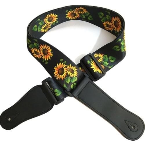 Sunflower Printing Guitar Strap Adjustable Polyester Shoulder Belt with PU Leather Ends for Acoustic Folk Electric Guitar