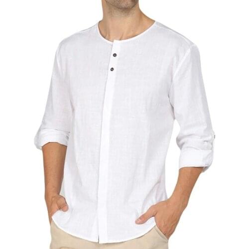 Spring Autumn Mens Fashion Retro Cotton Linen Shirt White Cardigan Long Sleeve Linen Top