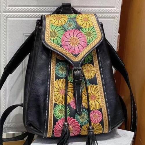 Exquisite Embroidery Backpack 2021 New Retro Chinese Style Women Leather Bag Pack Large Capacity Handmade Travel Bags Sac A Dos