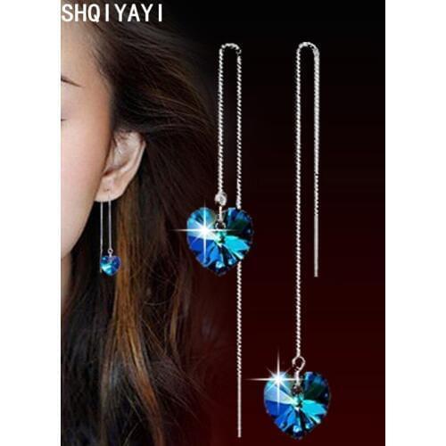 SHQIYAYI Blue Crystal Rhinestone Heart Long Drop Earrings For Women Classic Bride Party Jewelry Anniversary Gifts WC68