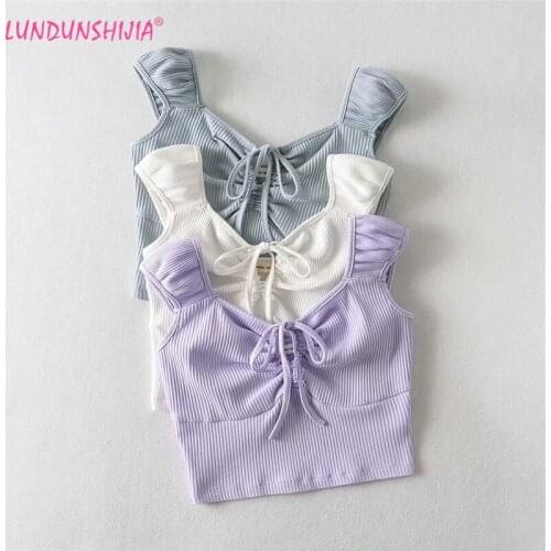LUNDUNSHIJIA Tops V-neck Sleeveless T Shirt Women Vintage Lace Up Purple White Tees Femme T-shirts Dames Shirt Mujer Camisetas