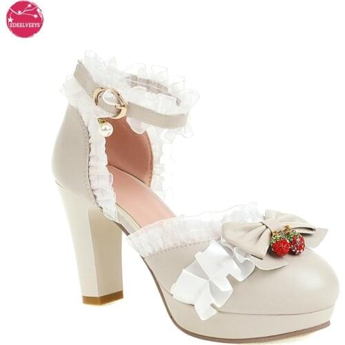 Summer Ladies Lolita Shoes Bow Strawberry Lace Edge Platform Spike Heel Princess Party Club Pumps Side Open White Black Beige