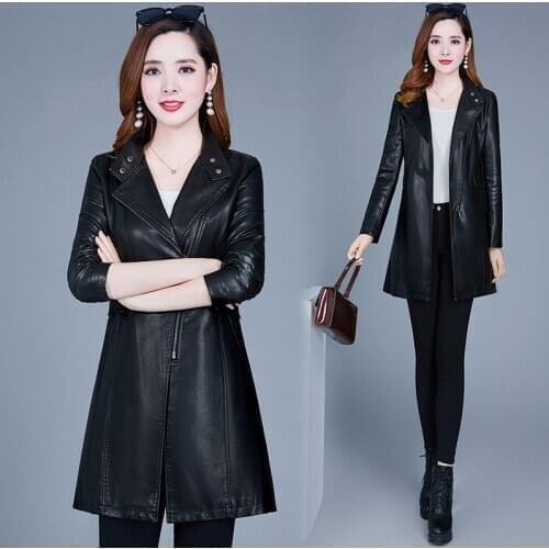 Jacket spring pu leather Korean version of the middle and long autumn fashion coat locomotive leather windbreaker slim black