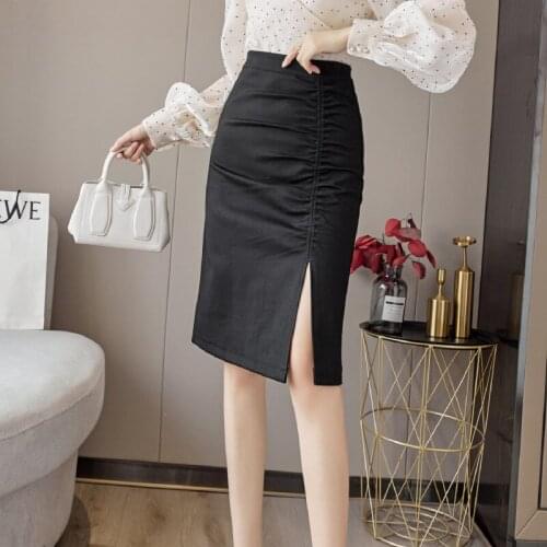 Office Lady Elegant Folds Package Hip Skirts New Fashion High Waist Side Slit Pencil Women Black Solid Formal Skirt Temperament