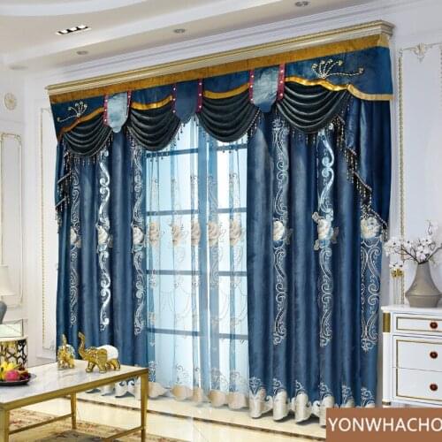 Custom curtains high-grade chenille embroidery living room velvet thick blue cloth blackout curtain valance tulle panel B998