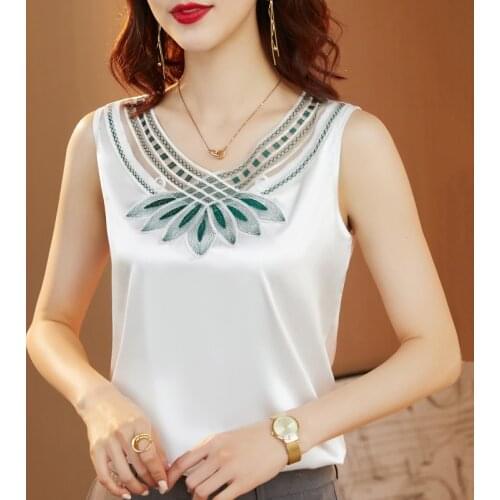 Elegant Embroidery Mesh Patchwork Satin Solid Color Sleeveless Top Women Summer Slim Tank Female V-Neck T-Shirt Camisole Lady